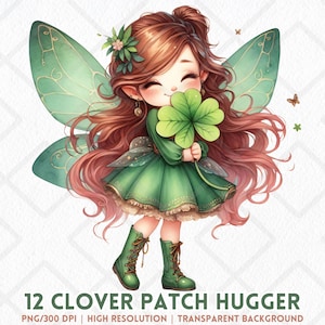Parche de trébol PNG, Hada verde linda, Arte de niña con trébol, Pegatina digital de hada del Día de San Patricio, Manualidades de diario de elfos caprichosos