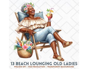 May include: A woman with gray hair and a floral headband sits in a wooden chair with a tropical drink in her hand. She is wearing a white off-the-shoulder top and blue jeans. A wicker basket with fruit and flowers sits in front of the chair.