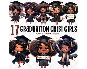 Afstuderen chibi meisje PNG-bundel, 17 schattige aquarel zwarte afgestudeerde Cliparts, kawaii afgestudeerde meisjes DIY ambachten, kaarten, shirts, sublimatie