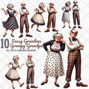 Clipart Couple vieux drôle, vintage Couple de personnes âgées PNG, drôle impertinent grincheux grand-mère grand-père, personnes âgées décalées, conception par sublimation