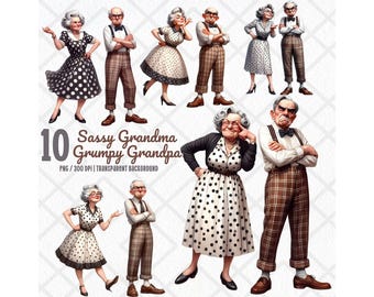 Funny Old Couple Clipart, Vintage Elderly Couple PNG, Funny Sassy Grumpy Grandma Grandpa, Quirky Senior Citizens, Sublimation Design