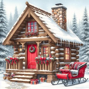 May include: A cozy, snow-covered log cabin with a red door and windows, decorated for the holidays. A red sleigh filled with gifts sits in front of the cabin. The scene is set in a snowy forest with evergreen trees.