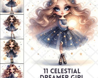May include: A digital illustration of a girl with long, flowing blonde hair wearing a blue dress with stars and moons. She is holding a glowing orb in her hand. The background is a white and gold pattern.
