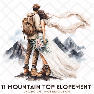 Mountain Top Elopement Hochzeitspaar JPG Clipart, romantische Landschaft Elopement PNG, Aquarell Braut und Bräutigam Kunst für Einladungen & Dekor