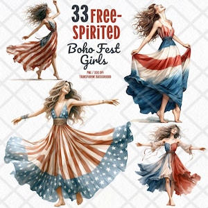 Vrijgevochten Boho Festival meisje clipart, USA vlag outfit png, hippie patriottische mode meisje, retro Independence Day dames digitale sticker