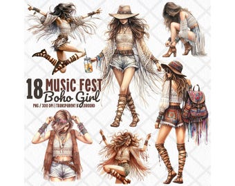 Boho Music Festival Girl PNG, Hippie Pretty Girl Clipart, Cute Girl Digital Stickers, Bohemian Fashion Clipart, Indie Festival Junk Journal