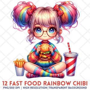 Fastfood regenboog chibi png, schattig aquarel meisje met friet, hamburger, frisdrank, kawaii junkfood digitale sticker voor journaling en ambacht