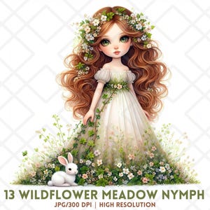 Dreamy Forest Fairy Clipart, Fantasy Nature Princess JPG JPEG, Whimsical Chibi Woodland Cute Kawaii Garden Nymph, Wildflower Meadow Nymph