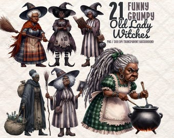 Grumpy Black Witch Clipart PNG Funny Halloween Old Lady Witches Afro Witch PNG Bundle Digital Sticker Crafts Sublimation Junk Journal
