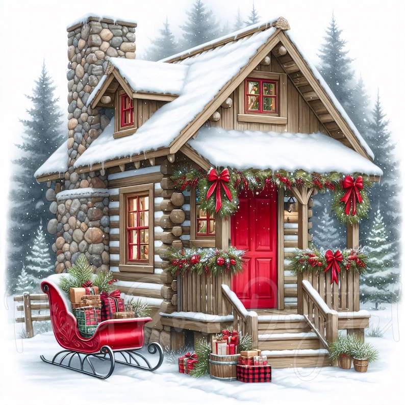 May include: A snow-covered log cabin with a stone chimney, red door, and Christmas decorations. A red sleigh filled with wrapped gifts sits in the snow. Evergreen trees are in the background, creating a winter holiday scene.