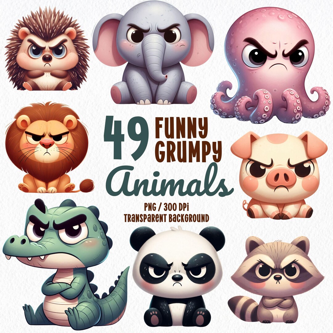 Funny Grumpy Animals Clipart, PNG Baby Animals Clipart, Safari Sea Home ...