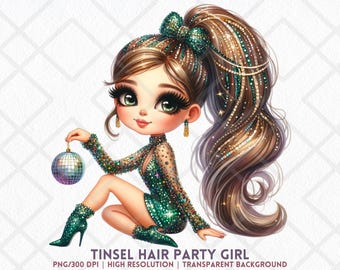 13 Tinsel Hair Party Girl PNG Glam kerst chibi clipart voor vakantie ambachten en nieuwjaar sublimatie ambachten digitale sticker ongewenste tijdschriften