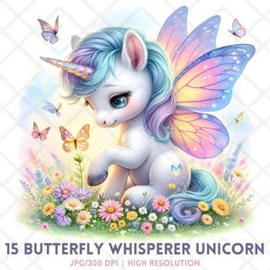 Schmetterling Einhorn Clipart JPG, Fantasy Kawaii Pegasus Digital Sticker, Whimsical Pastell Pony, Cute Chibi Digital Artwork für Scrapbooking