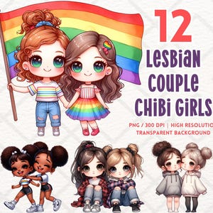 Pareja de lesbianas Chibi Girls LGBT Clipart Mes del Orgullo Bandera del Orgullo Gay Lésbico LGBTQIA PNG Descarga Digital Diario Basura Pegatina Digital