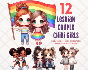 Lesbisch koppel chibi meisjes LGBT clipart Pride Month Gay Lesbian Pride vlag LGBTQIA PNG digitale download ongewenste Journal digitale sticker