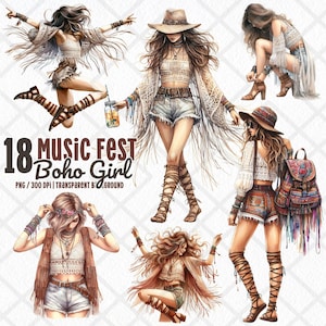 Boho Musik Festival Mädchen PNG, Hippie hübsches Mädchen Clipart, Coachella digitale Aufkleber, Boho Mode Clipart, Indie Festival Junk Journal