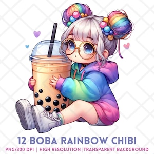 Boba Rainbow Chibi PNG, Garota Kawaii em Aquarela com Moletom Arco-Íris Segurando Chá de Bolhas, Adesivo Digital de Chá com Leite Fofo para Diário e Artesanato