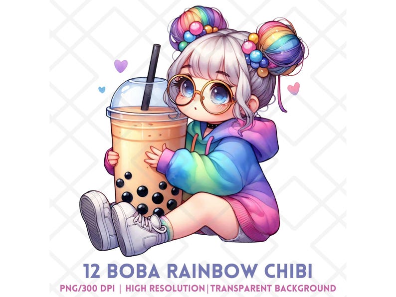 Boba Rainbow Chibi PNG, Watercolor Kawaii Girl in Rainbow Hoodie ...
