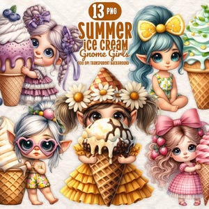 Acquerello Estate Gelato Gnomo Ragazza Clipart PNG Gnomo carino con cono gelato Gnomo kawaii Adesivo digitale Carta per artigianato Diario