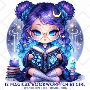Magische Bücherwurm Chibi Mädchen Clipart JPG Galaxiehaare, die Mädchen lesen Süß Nerdy Clipart Pastel Galaxy JPG Sublimation Digitale Aufkleber Journals