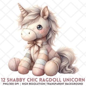 Cute Unicorn Clipart, Shabby Chic Ragdoll Unicorn PNG, Cute Pastel Plush Toy, Vintage Stuffed Animal PNG, Kawaii Cottagecore Horse Art