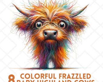 Aquarel baby hooglandkoe clipart, kleurrijk frazzled dier (digitale download)