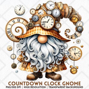 May include: A detailed illustration of a gnome decorated with clocks. The gnome has a long white beard, a round nose, and wears a hat and coat adorned with clocks and gears. The image includes the text "COUNTDOWN CLOCK GNOME".