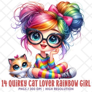 Kat regenboog chibi meisje clipart png, schattige aquarel kawaii nerdy meisje cliparts, kleurrijke grillige kunst met kat, heldere digitale sticker