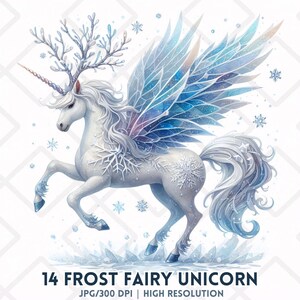 May include: A watercolour illustration of a white unicorn with icy blue wings, antlers, and snowflake details. The unicorn is rearing up on its hind legs, surrounded by snowflakes. Text at the bottom reads "14 Frost Fairy Unicorn".