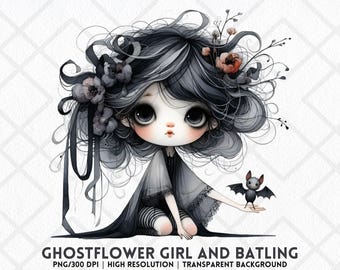 16 Ghostflower Girl Clipart PNG, Gotisk Chibi Flicka med Batling, Mörk Blommigt Hår Halloween Konst Transparent Bakgrund Sublimering
