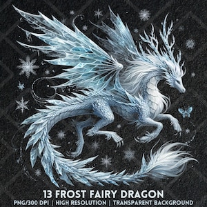 Puede incluir: Ilustración digital de un Dragón de Hadas de Hielo con alas azul hielo, cuernos y una larga cola fluida. El dragón está rodeado de copos de nieve y una mariposa sobre un fondo oscuro y texturizado. El texto en la parte inferior dice "13 Frost Fairy Dragon".