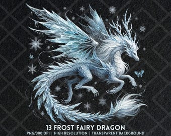 May include: A digital illustration of a Frost Fairy Dragon with icy blue wings, antlers, and a long, flowing tail. The dragon is surrounded by snowflakes and a butterfly against a dark, textured background. Text at the bottom reads "13 Frost Fairy Dragon".
