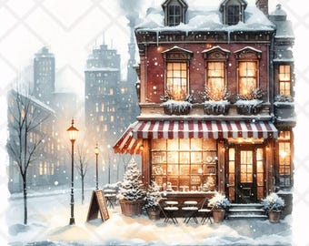 13 winter stadsgezicht coffeeshop JPG aquarel besneeuwde winter café clipart gezellige kerst coffeeshop scène JPG scrapbooking vakantie ambachten