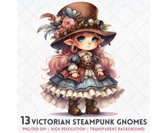 Gnomos lindos de acuarela, imágenes prediseñadas de acuarela, gnomos victorianos steampunk PNG, imágenes prediseñadas victorianas steampunk, pegatinas digitales, descarga digital