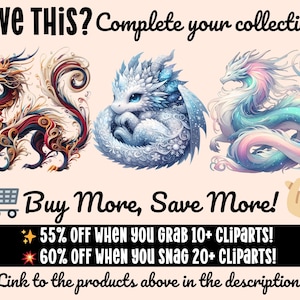 Puede incluir: Arte digital con tres dragones de fantas&iacute;a en colores vibrantes. Los dragones son rojos, azules y de colores pastel. El texto dice "Love This? Complete your collection!" y "Buy More, Save More!" con detalles de descuento y un enlace.