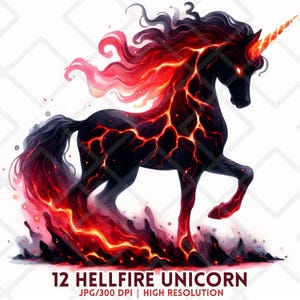 Halloween Unicorn clipart JPG Hellfire Unicorn griezelig lava paard enge vurige nachtmerrie rode vlam digitale sticker sublimatie ongewenste dagboek