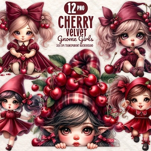 Aquarell Kirsche Gnome Mädchen Clipart PNG Rot Kawaii Gnome Clipart Bundle niedlichen Samt Gnome Digital Sticker Junk Journal Sticker Sublimation