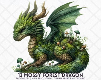 Dragón del bosque PNG, criatura fantástica verde musgosa con hongos, dragón de la naturaleza PNG, pegatina digital para sublimación, revistas basura