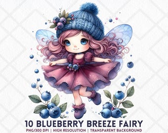 Blueberry Breeze Fairy PNG, schattige blauwe aquarel Fruit Fairy clipart, grillige Blueberry Girl digitale sticker, Berry Cottagecore Journaling