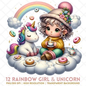 Rainbow Unicorn Gnome Girl Clipart, Colorful Fantasy PNG, Bright Whimsical Digital Stickers, Cute Printable for Sublimation Paper Crafts