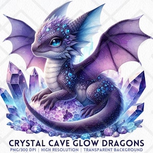 Könnte beinhalten: Digitale Illustration eines lila Drachen mit blauen Augen, Flügeln und kristallartigen Akzenten. Der Drache sitzt auf einem Kristallhaufen, mit dem Text "CRYSTAL CAVE GLOW DRAGONS" unten.