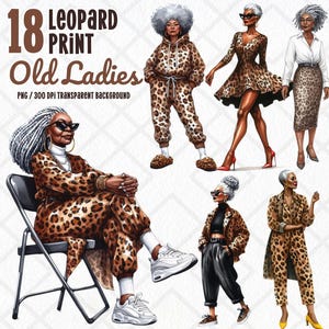 Leopardenmuster schwarze alte Damen Clipart PNG, Afroamerikaner Omas Clipart, lustige digitale Aufkleber für Sublimation, Scrapbooking & Kunsthandwerk