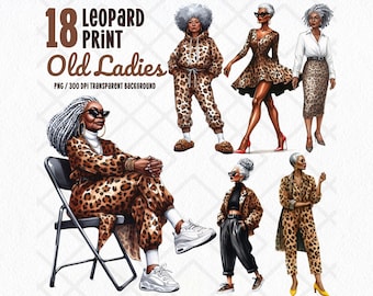 Leopard Print Black Old Ladies Clipart PNG, African American Grandmas Clipart, Funny Digital Sticker for Sublimation, Scrapbooking & Crafts