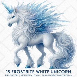 May include: A digital illustration of a white unicorn with a blue horn and accents. The unicorn has a flowing white mane and tail, with blue ice-like details on its back and hooves. Text at the bottom reads "15 Frostbite White Unicorn".
