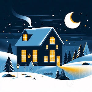 13 Midnight Cottage Clipart JPG, Cozy Winter Night Cabin Illustration, Crescent Moon Christmas Art, Minimalist Snowy Home Printable Decor
