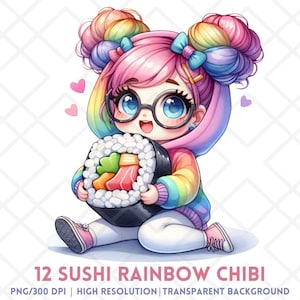Sushi Regenbogen Chibi PNG, Aquarell Kawaii Mädchen, das Sushi mit Regenbogenhaar isst, niedlicher digitaler Aufkleber für Handwerk & Journaling Scrapbooking