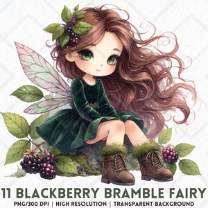 Hada de la zarzamora PNG, Clipart de niña de frutas del bosque chibi en acuarela, Pegatina digital de hada de bayas de otoño, Hada Cottagecore, Sprite del bosque