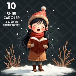 Watercolor Cute Chibi Caroler Clipart JPG, Winter Girl Clipart, Singing Girl JPG Clipart Digital Planners, Digital Sticker, Digital Download
