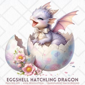 13 Eggshell Hatchling Dragon Clipart Baby Purple Dragon Painted Egg PNG Easter Crafts Nursery Decor, Birthday Clipart, Digital Download