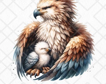 Griffin moeder en kuiken clipart png, mythisch wezen moeder en baby PNG, Fantasy Griffin familie digitale kunst, schattige mythische vogel sublimatie